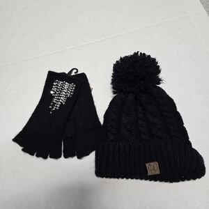 C.C. Beanie Women's Black Cable Knit Cuff Pom Pom Hat & Fingerless Gloves Bundle